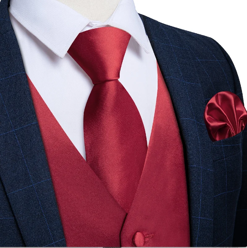 RED SOLID SATIN WAISTCOAT VEST TIE HANDKERCHIEF CUFFLINKS SET- MD-0318