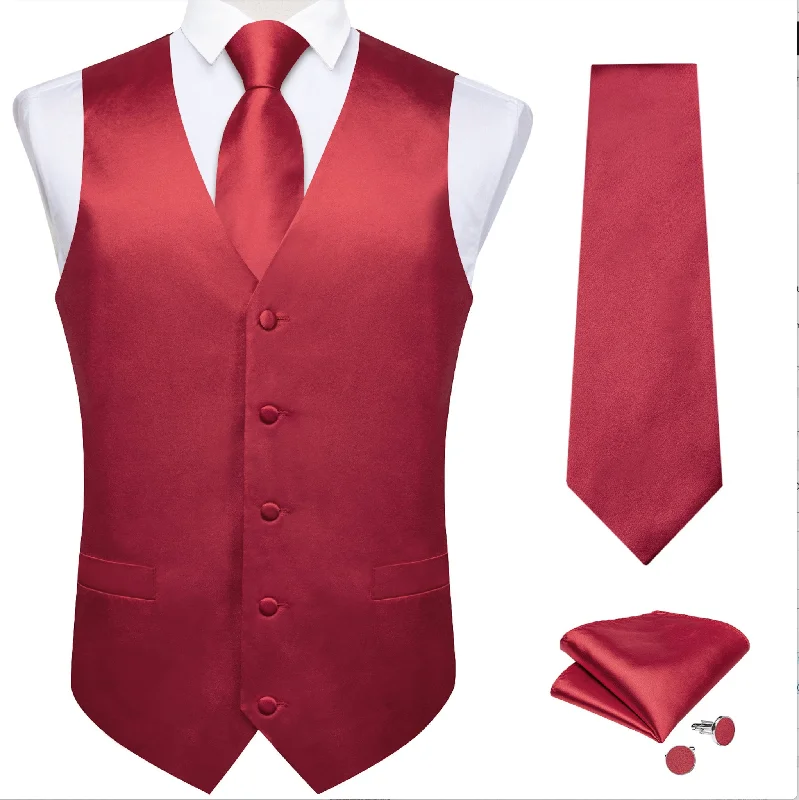 RED SOLID SATIN WAISTCOAT VEST TIE HANDKERCHIEF CUFFLINKS SET- MD-0318