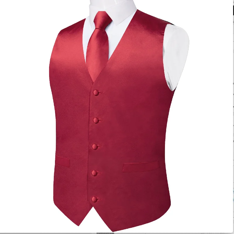 RED SOLID SATIN WAISTCOAT VEST TIE HANDKERCHIEF CUFFLINKS SET- MD-0318