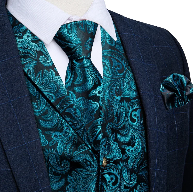 TEAL FLORAL JACQUARD V NECK WAISTCOAT VEST NECKTIE HANDKERCHIEF CUFFLINKS SET-MJ-2235