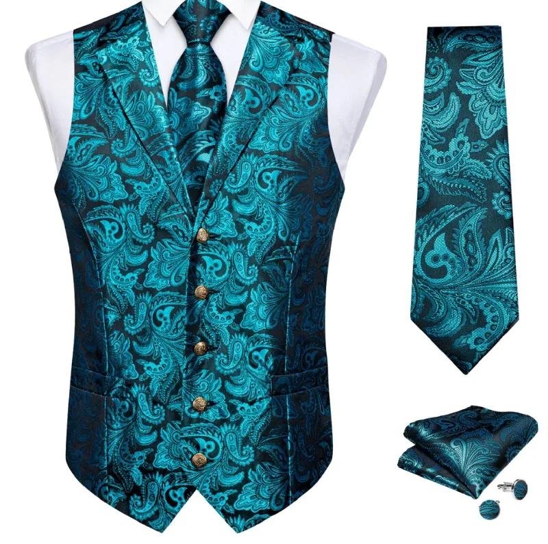 TEAL FLORAL JACQUARD V NECK WAISTCOAT VEST NECKTIE HANDKERCHIEF CUFFLINKS SET-MJ-2235