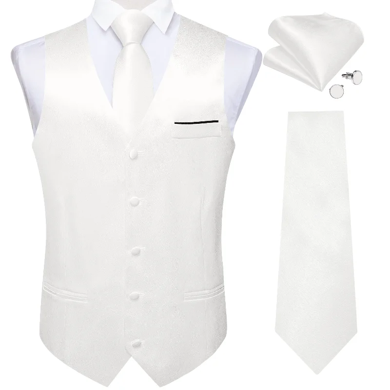 White Solid Satin Waistcoat Vest Tie Handkerchief Cufflinks Set- MJ-0627