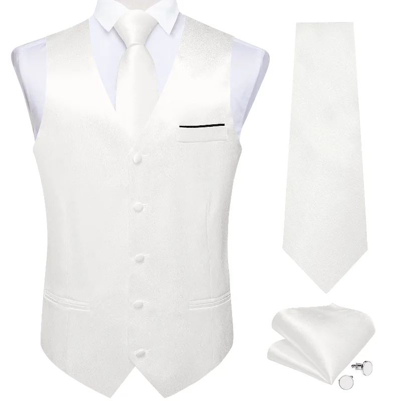 White Solid Satin Waistcoat Vest Tie Handkerchief Cufflinks Set- MJ-0627