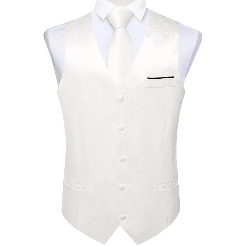 White Solid Satin Waistcoat Vest Tie Handkerchief Cufflinks Set- MJ-0627