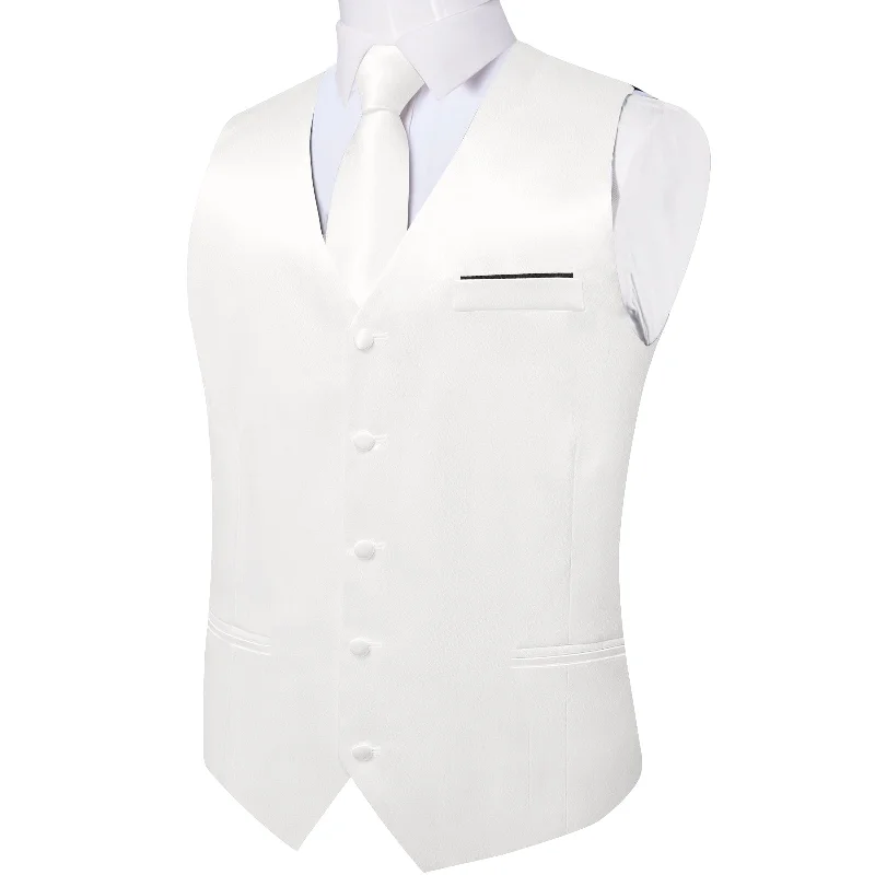 White Solid Satin Waistcoat Vest Tie Handkerchief Cufflinks Set- MJ-0627