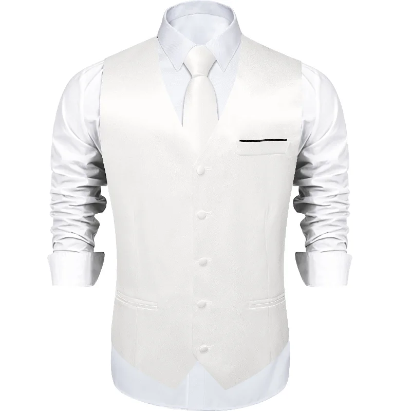 White Solid Satin Waistcoat Vest Tie Handkerchief Cufflinks Set- MJ-0627