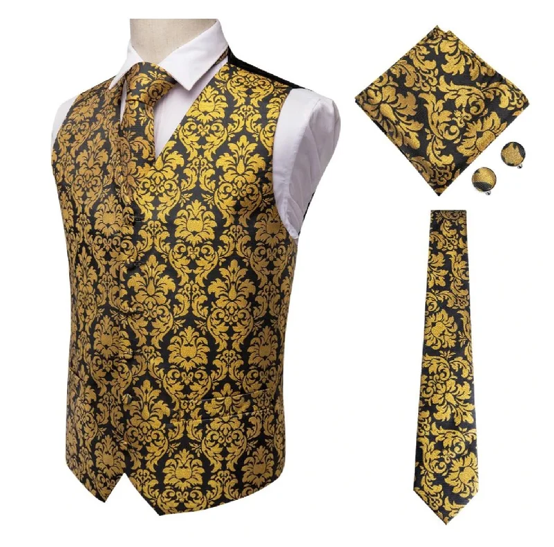 YELLOW BLACK FLORAL JACQUARD SILK WAISTCOAT VEST HANDKERCHIEF CUFFLINKS TIE VEST SET-MJ-0008