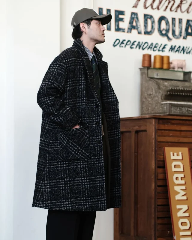 Black Check Wool Raglan Overcoat