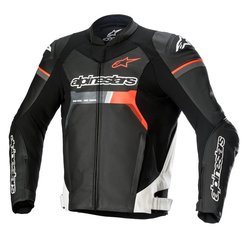 BLOUSON CUIR ALPINESTARS GP FORCE NOIR BLANC ROUGE FLUO