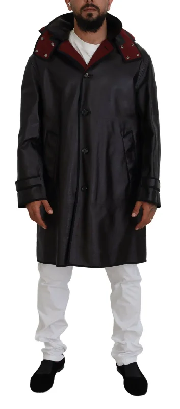 Elegant Hooded Parka Coat in Black and Bordeaux