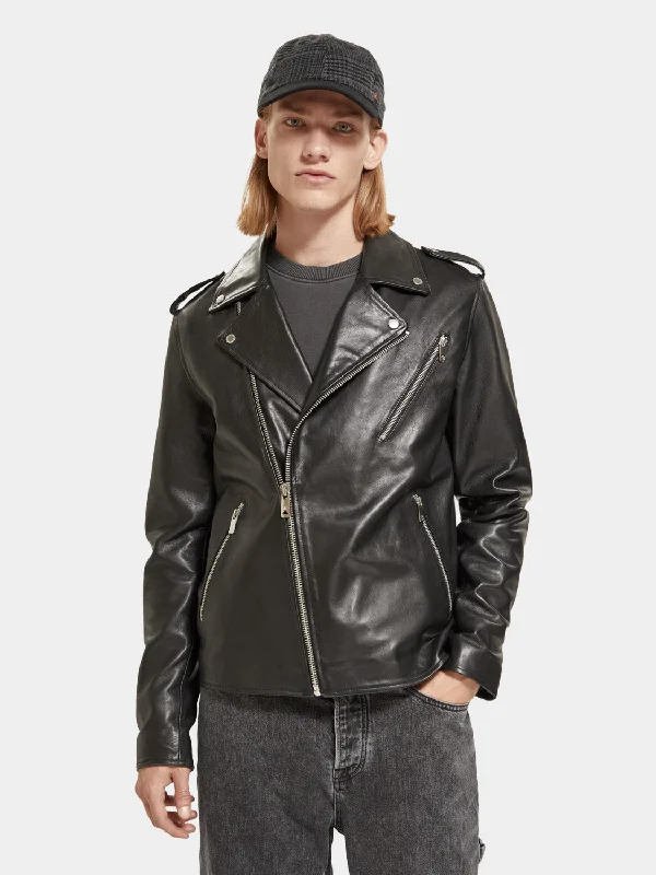 Placement print leather biker jacket