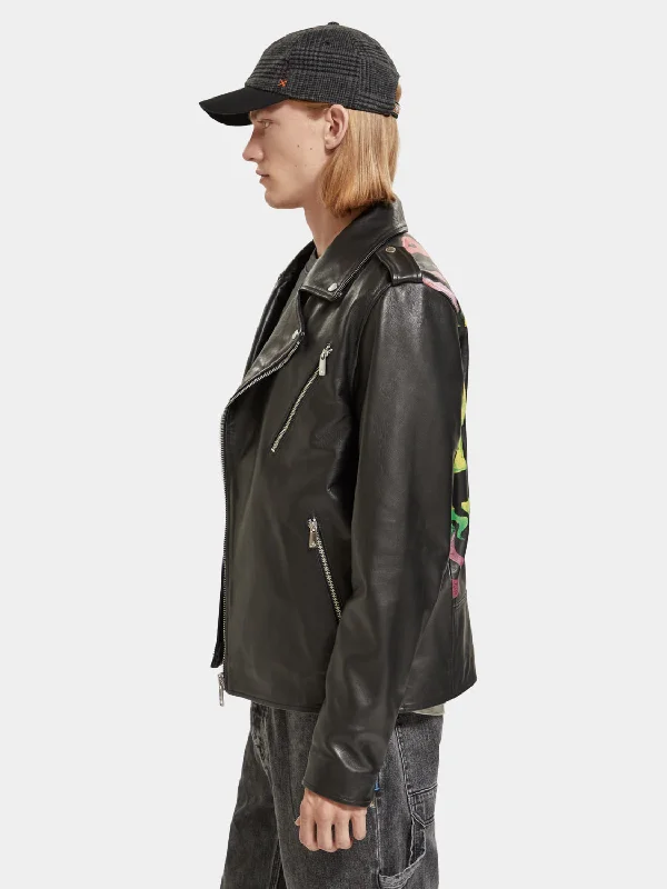 Placement print leather biker jacket