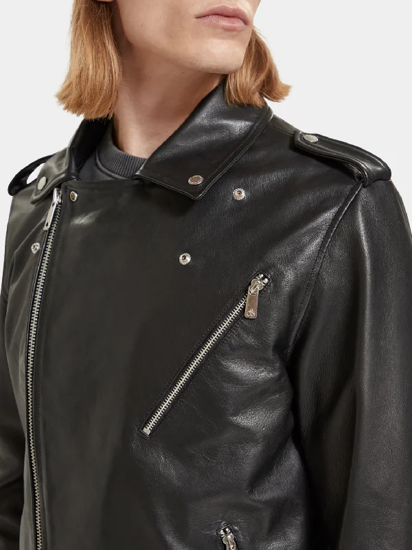 Placement print leather biker jacket