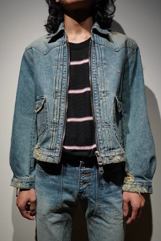 ZIP-UP DENIM DAMAGED JACKET (FADED INDIGO)