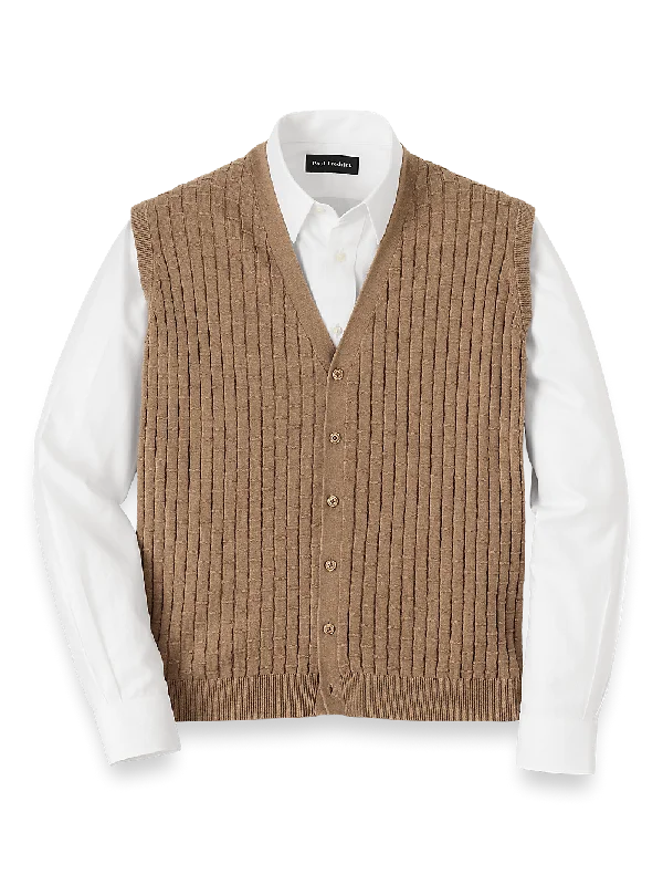 Cotton Button Front Cardigan Vest - Camel