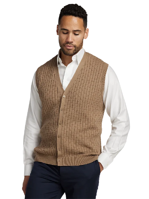 Cotton Button Front Cardigan Vest - Camel