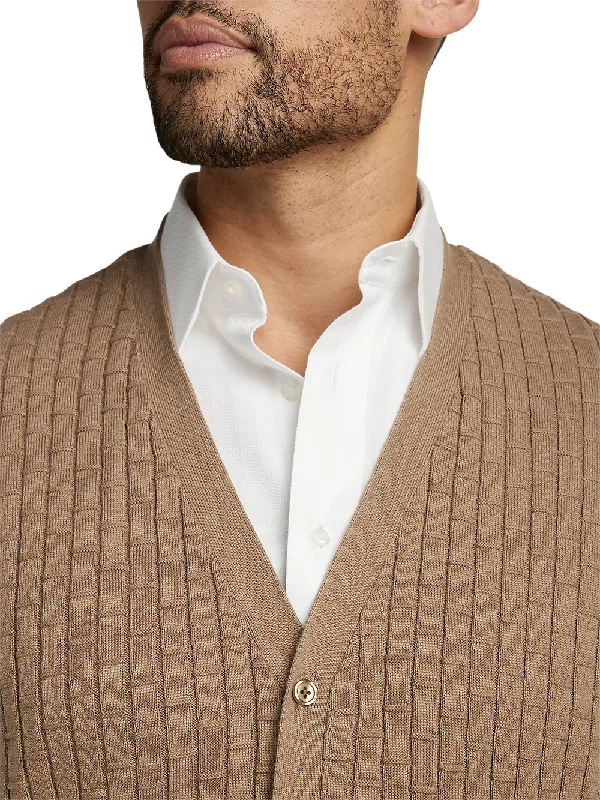 Cotton Button Front Cardigan Vest - Camel