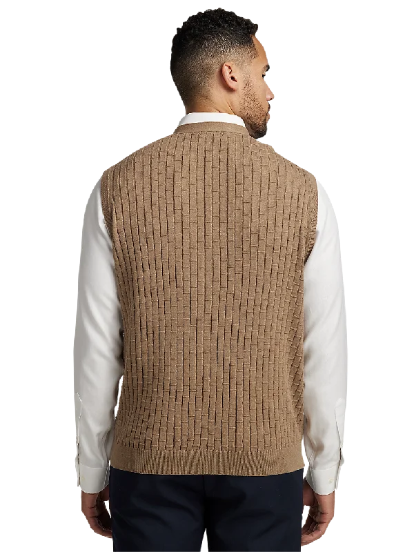 Cotton Button Front Cardigan Vest - Camel