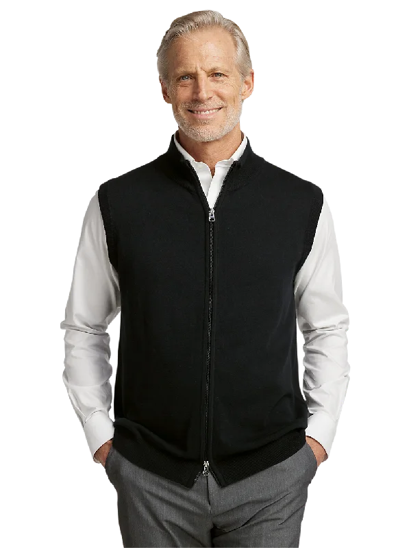 Cotton Full Zip Mock Neck Vest - Black