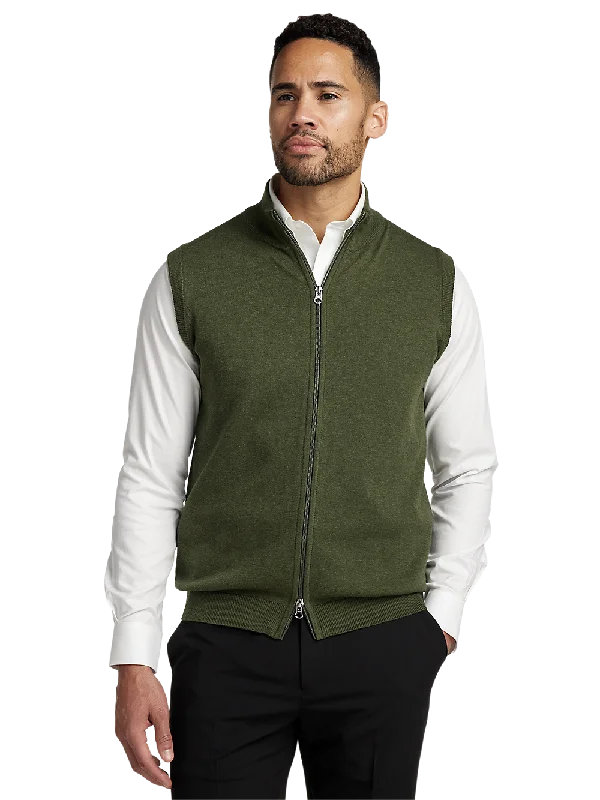 Cotton Full Zip Mock Neck Vest - Olive