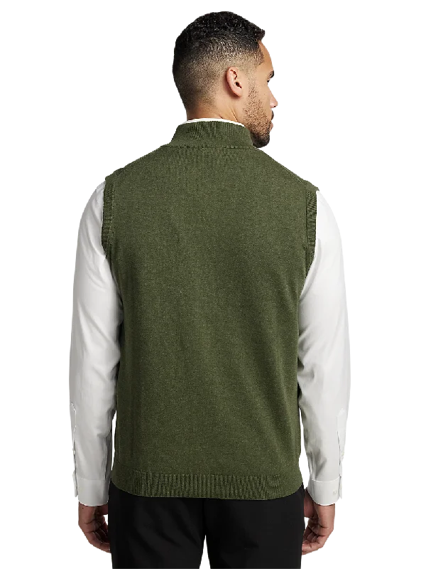 Cotton Full Zip Mock Neck Vest - Olive