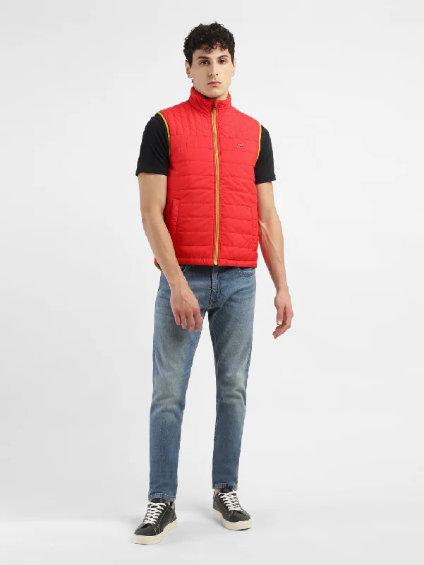 Men's Solid Red Mandarin Collar Jacket