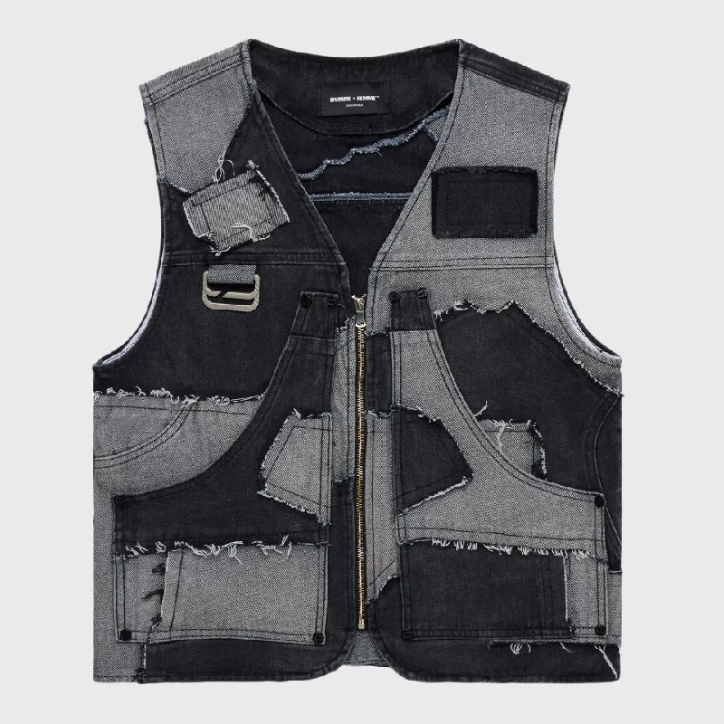 Patchwork Denim Vest Black