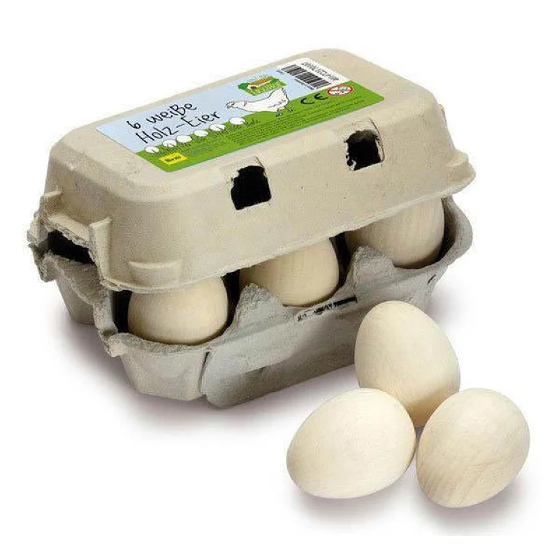 Wooden horns for pretend play​ Erzi six wooden white eggs in carton