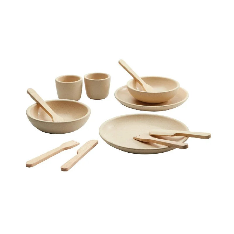 Wooden dollhouses with detailed furniture​ Plan Toys tableware set