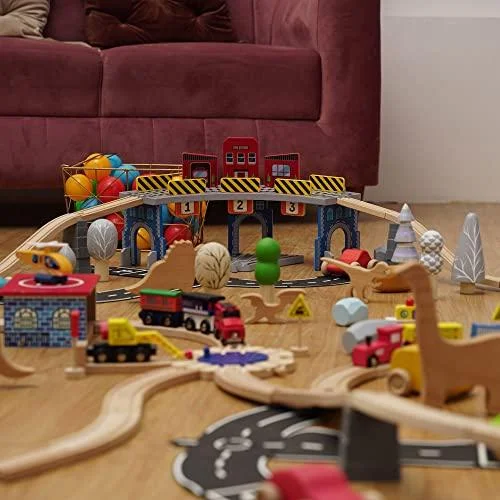 Wooden water toys for bath or pool play​ The Dino Land- Complete Set Including(1 Crane|47Tracks|6Dinosaurs|7Stones|6Signals|3Trains |2 Bridge|6Plastic Attachment|1Helicopter|1Helicopter Pad|1Fire Extinguisher|1 Jeep |1Car|1Boat)
