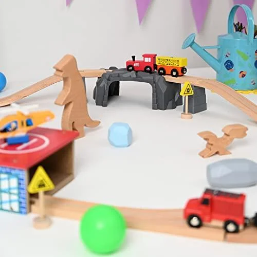 Wooden whistles for outdoor games​ The Dino Land | Second Set-1 (Including Plastic Bridge,2 Plastic Attachment,2 Dinosaurs,2 Stones,1 Helicopter,1 Helicopter Pad,1 Fire Extinguisher,2 Signals and15 Tracks)