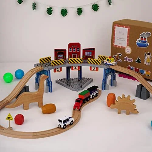 Wooden scented toys for olfactory experiences​ The Dino Land | Third Set-1 Including (Police Jeep,1 Car,1 Boat,2 Dinosaurs,3 Stones,1 Signal,4 Plastic Attachment,12 Tracks and1 Large Bridge)
