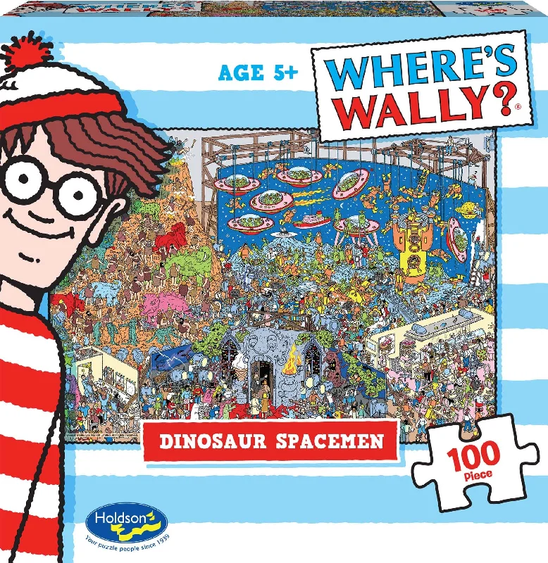 Puzzle - themed greeting cards with puzzle - solving elements​ WHERE'S WALLY? DINOSAUR SPACEMEN 100 PIECE MINI PUZZLE