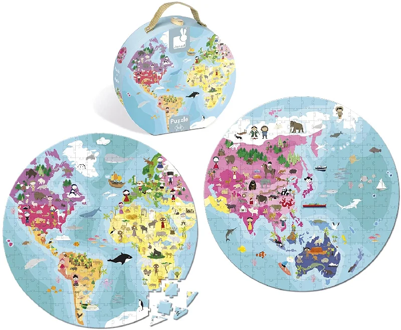 Puzzles for long - distance relationship bonding​ Janod Blue Planet Round Double-Sided 208Pc Suitcase Puzzle
