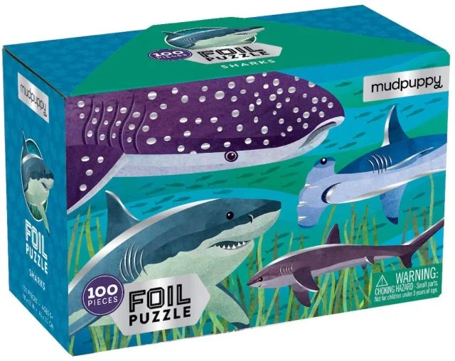 Toddler - friendly puzzles with large pieces​ Mudpuppy 100Pc Sharks Foil Puzzle